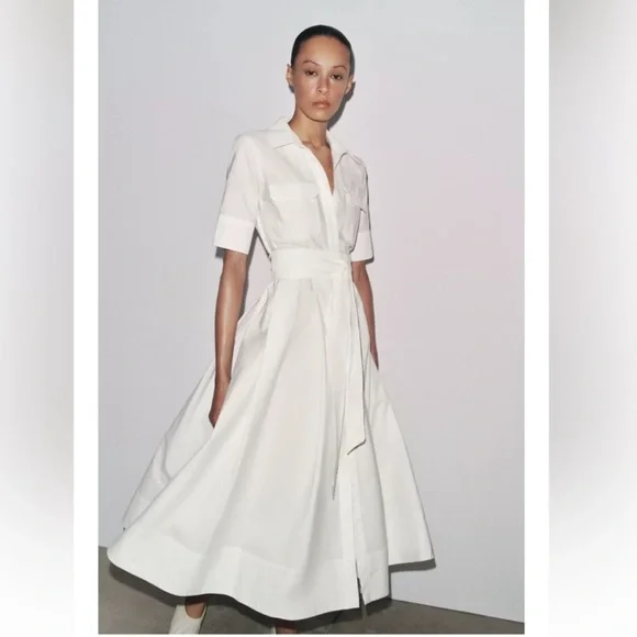 Zara white poplin midi dress with belt. Medium, NWT - Picture 1 of 13